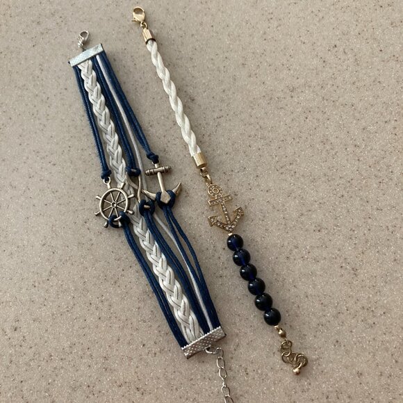 Nautical Bracelets - Bundle of Two -  Blue White Rhinestone Anchor - Picture 1 of 15